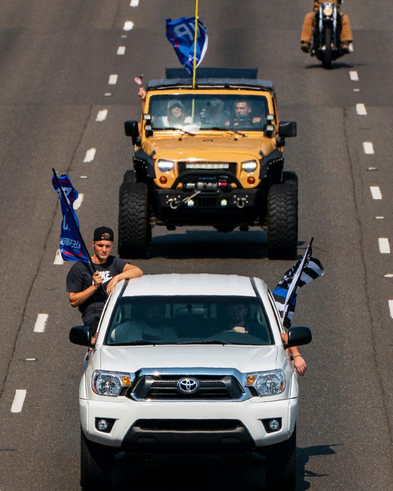 ‘There is a political side to such choices’: Rightwing groups participated in a pro-Trump vehicle rally near Portland, Oregon.