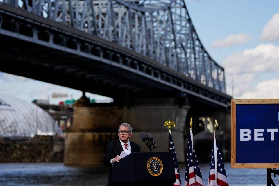 Ohio Governor Mike DeWine speaks during an event to give remarks on the bipartisan infrastructure law which will fund major changes to the Brent Spence Bridge and surrounding infrastructure at a lot on the banks of the Ohio River in Covington, Ky., on Wednesday, Jan. 4, 2023.