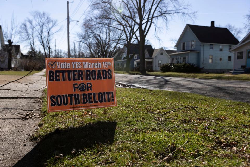 A "Better Roads Sign" sign is seen Tuesday, March 5, 2024, in the yard of a Roscoe Avenue resident in South Beloit.