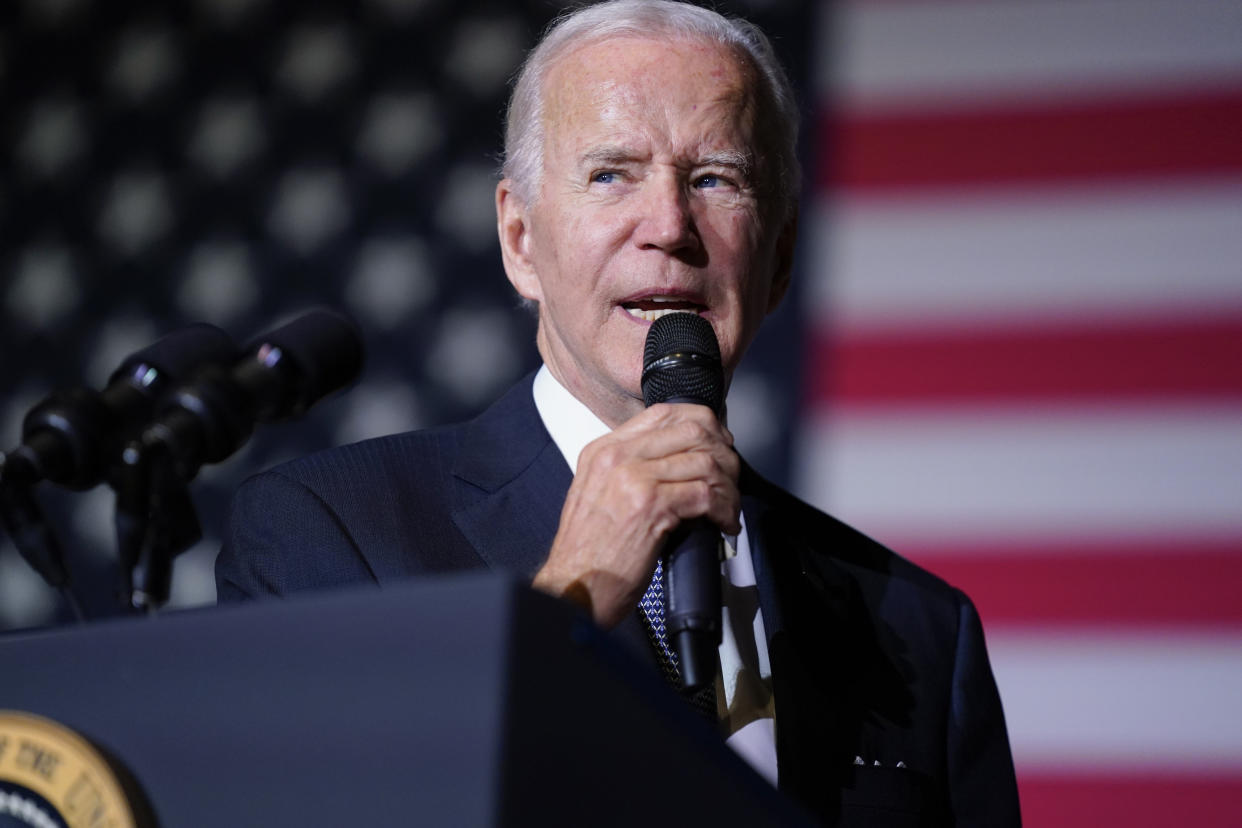 President Joe Biden speaks about student loan debt relief at Delaware State University, Friday, Oct. 21, 2022, in Dover, Del. (AP Photo/Evan Vucci)