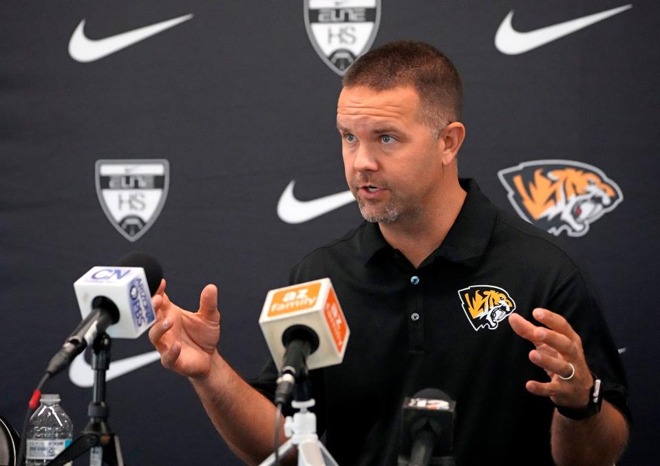 Jan 18, 2023; Scottsdale, AZ, U.S.;  Zak Hill, former Arizona State offensive coordinator, speaks during a press conference announcing him as the new Saguaro High School head football coach. Mandatory Credit: Cheryl Evans-Chow-Arizona Republic