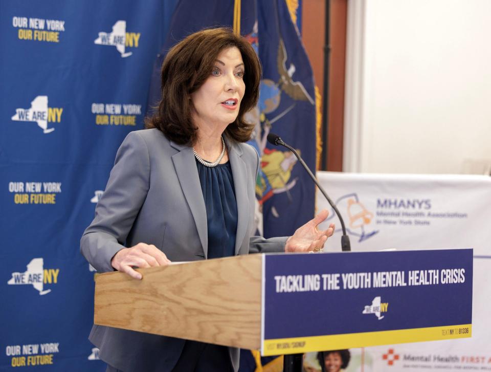 Gov. Kathy Hochul in recent weeks has stepped up plans to ban tech companies' ability to use addictive social media feeds and collect data in ways that harm children.  She is seen at a media briefing in Albany on May 28, 2024.