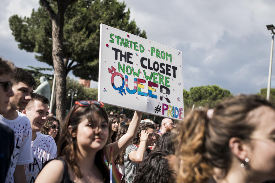 <p>People take part in the annual gay pride parade in downtown Rome on June 9, 2018. Thousands of people paraded noisily on floats through the historic streets of Rome to celebrate Gay Pride. (Photo: Jacopo Landi/NurPhoto via Getty Images) </p>