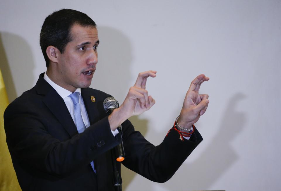 Self-proclaimed interim president of Venezuela and opposition leader Juan Guaido speaks at a press conference in Caracas, Venezuela, Saturday, Feb. 15, 2020. Guaido returned this week from an international tour seeking support to oust President Nicolas Maduro, violating a travel ban. (AP Photo/Ariana Cubillos)