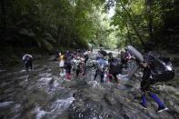 Un grupo de migrantes cruza el río Acandí el miércoles 15 de septiembre de 2021 en su viaje hacia el norte, cerca de Acandí, Colombia. (AP Foto/Fernando Vergara)