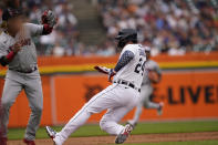 Detroit Tigers' Miguel Cabrera beats the throw to Cleveland Guardians third baseman Jose Ramirez during the second inning of the second baseball game of a doubleheader, Monday, July 4, 2022, in Detroit. (AP Photo/Carlos Osorio)