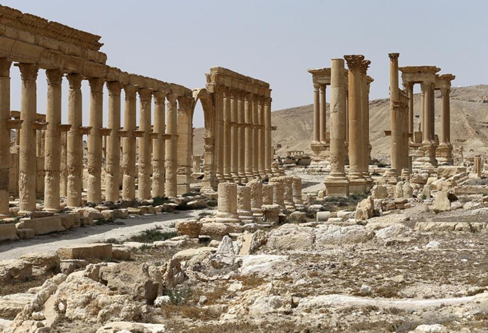 This file photo taken Friday, April 8, 2016 and provided by Russian Defense Ministry press service, shows the ancient ruins in Palmyra, Syria. Russia says its air force has helped Syrian troops repulse an Islamic State attack on Palmyra, but opposition activists say the extremists have seized areas on the outskirts of the town, including a historic castle that overlooks ancient ruins. (Russian Defense Ministry Press Service Photo via AP, File)