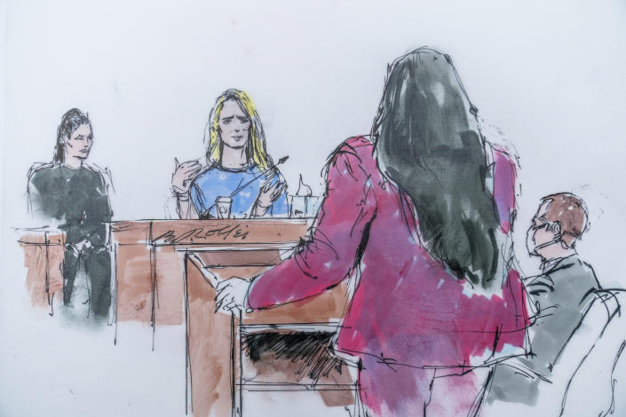 In this courtroom artist sketch, Jennifer Siebel Newsom, center, a documentary filmmaker and the wife of California Gov. Gavin Newsom, takes the stand at the trial of Harvey Weinstein in Los Angeles, Monday, Nov. 14, 2022. (Bill Robles via AP)