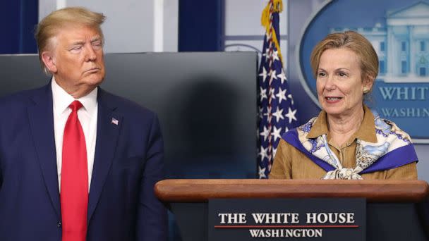 PHOTO: White House coronavirus response coordinator Deborah Birx speaks while flanked by President Donald Trump following a meeting of his coronavirus task force in the Brady Press Briefing&#xa0;Room at the White House, April 6, 2020. (Chip Somodevilla/Getty Images)