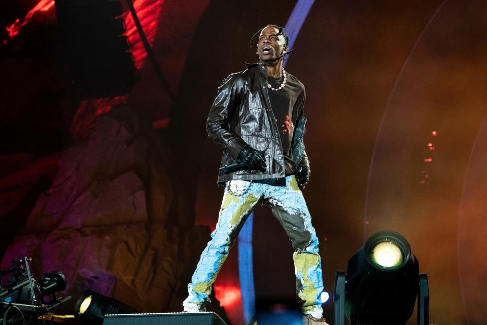 Travis Scott performs at the Astroworld music festival at NRG Park in Houston on Nov. 5, 2021.