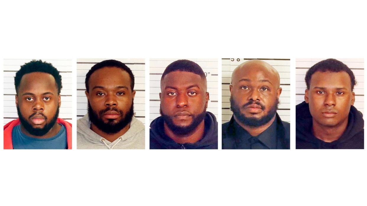 This combo of booking images provided by the Shelby County Sheriff's Office shows, from left, Tadarrius Bean, Demetrius Haley, Emmitt Martin III, Desmond Mills, Jr. and Justin Smith. The five former Memphis police officers have been charged with second-degree murder and other crimes in the arrest and death of Tyre Nichols, a Black motorist who died three days after a confrontation with the officers during a traffic stop, records showed Thursday, Jan. 26, 2023.