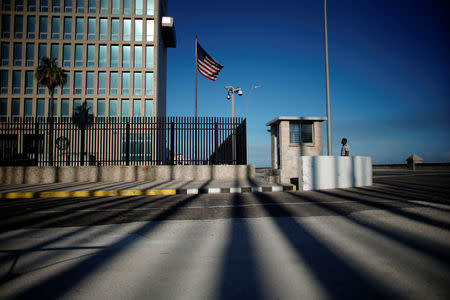 A security guard stands next to the U.S. Embassy in Havana, Cuba, March 11, 2019. Picture taken March 11, 2019. REUTERS/Alexandre Meneghini