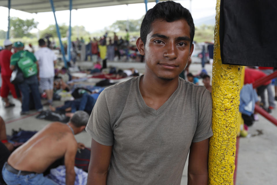 Honduran migrant Marel Antonio Murillo Santos, poses for photos at a temporary shelter in Huixtla, Mexico, Tuesday, Oct. 23, 2018. "What I want more than anything is to pay for treatment my mother needs for her health," Murillo said. "Build a home for her, have a bit of money in the bank and also, if I'm able, invest in something or start a business for my mother to run." (AP Photo/Moises Castillo)