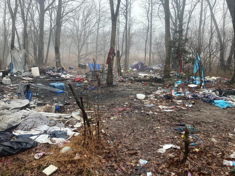 The abandoned homeless camp in woods along the 5000 block of Route 13 where Marie Holly Waters, 44, was found dead on Jan. 22, 2024.