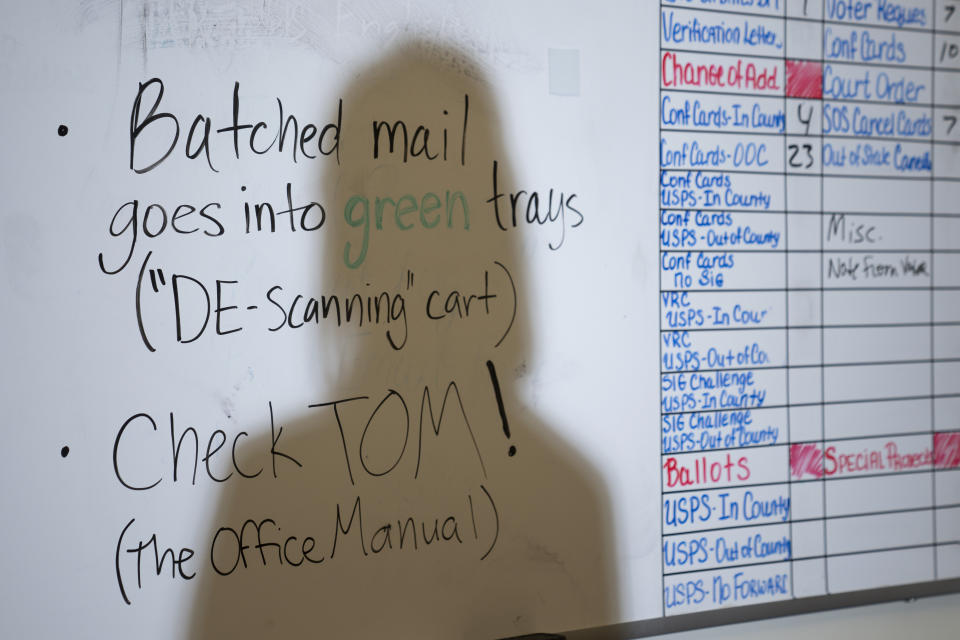 The shadow of Halei Watkins, communications manager for King County Elections, is seen on a whiteboard in the mail room at elections headquarters as she poses for a portrait, Friday, Nov. 17, 2023, in Renton, Wash. The office began stocking Narcan, the nasal spray version of overdose-reversal drug naloxone, after receiving a letter laced with fentanyl in the summer and was evacuated the day after Election Day after receiving a similar envelope. (AP Photo/Lindsey Wasson)