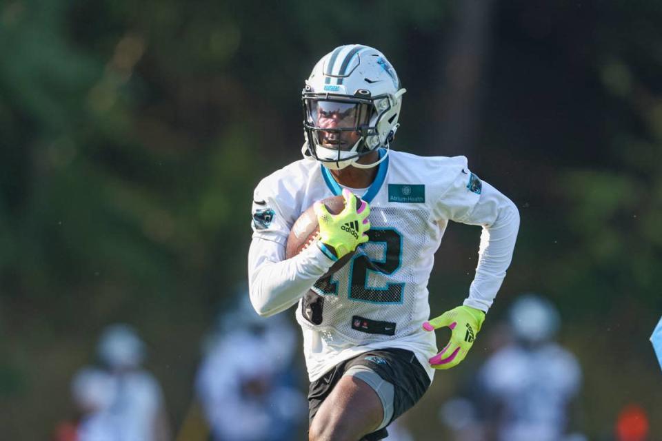 Carolina Panthers wide receiver Shi Smith runs after a catch during practice at the NFL football team&#x002019;s training camp in Spartanburg, S.C., Thursday, July 29, 2021. (AP Photo/Nell Redmond)