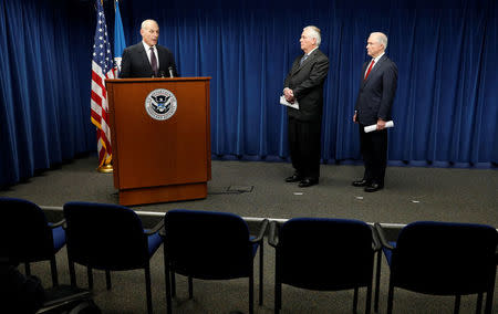 Homeland Security Secretary John Kelly (L), Secretary of State Rex Tillerson (C) and Attorney General Jeff Sessions (R), deliver remarks on issues related to visas and travel after U.S. President Donald Trump signed a new travel ban order in Washington, U.S., March 6, 2017. REUTERS/Kevin Lamarque