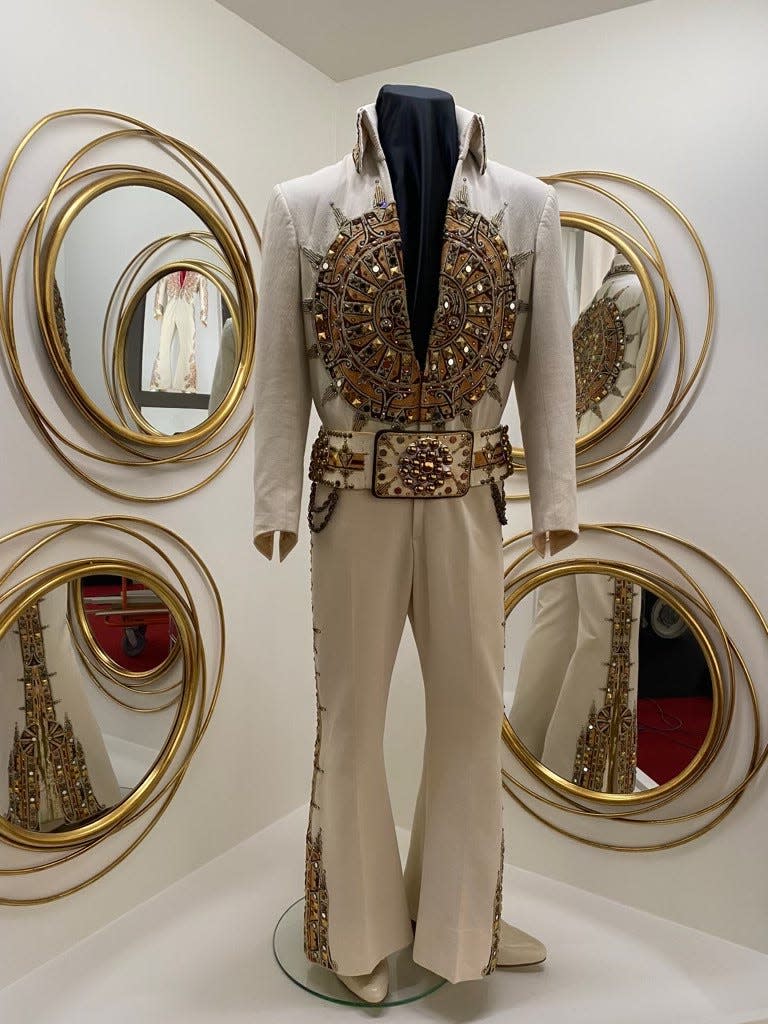 The Aztec Sun jumpsuit, which is part of the "Elvis: Dressed to Rock" exhibit at Elvis Presley's Memphis. Elvis wore this jumpsuit on June 26, 1977, in Indianapolis — his last concert before his Aug. 16 death that year at the age of 42.