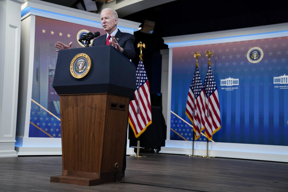 President Joe Biden delivers remarks on the economy in the South Court Auditorium on the White House campus, Tuesday, Nov. 23, 2021, in Washington. (AP Photo/Evan Vucci)