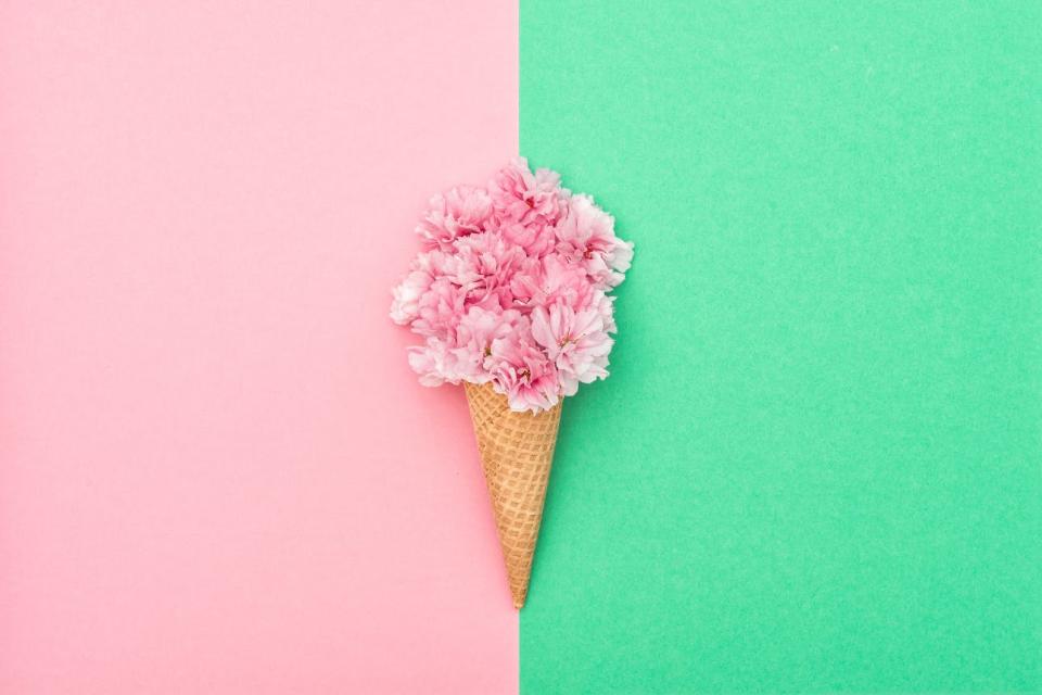 Cherry blossoms in a waffle cone on a pastel pink and green background