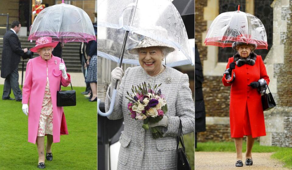 En esta combinación de fotografías la reina Isabel II de Gran Bretaña en una fiesta de jardín