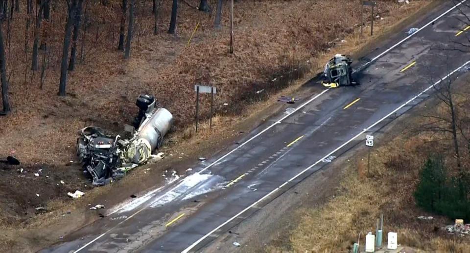 Image from video provided by KMSP-TV shows the scene of a fatal crash, Friday, March 8, 2024 in Dewhurst, Wis. Multiple people were killed in a western Wisconsin traffic crash involving a semitruck and a van (KMSP-TV via AP)