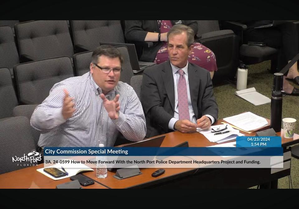 Jeremy Niedfeldt, managing director for PFM Financial Advisors LLC, the city’s financial advisor, left; and Steven Miller of Tampa-based Nabors, Giblin & Nickerson, the city’s bond counsel, reviewed financing options with the North Port City Commission on April 23.