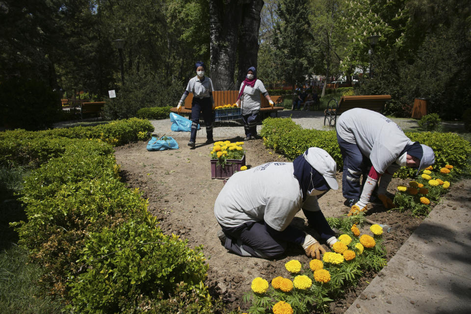 Cankaya Municipality workers wearing face masks to protect against coronavirus, work in a public garden in Ankara, Turkey, Tuesday, May 12, 2020. Shopping malls, barber shops, hairdressers and beauty salons reopened Monday for business across Turkey for the first time in seven weeks as the country gradually eases restrictions aimed to prevent the spread of the new coronavirus. (AP Photo/Burhan Ozbilici)