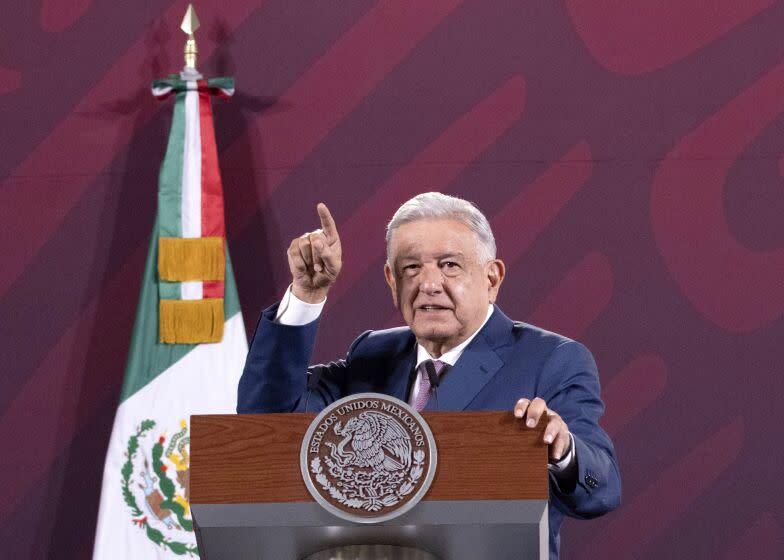 This morning, Mexican President Andres Manuel Lopez Obrador, gave his morning lecture in the Treasury Hall of the National Palace. Today he answered some questions from the representatives of the media. On Apr. 11, 2023 in Mexico City. (Photo by Alex Dalton/ Eyepix Group/Sipa USA)(Sipa via AP Images)