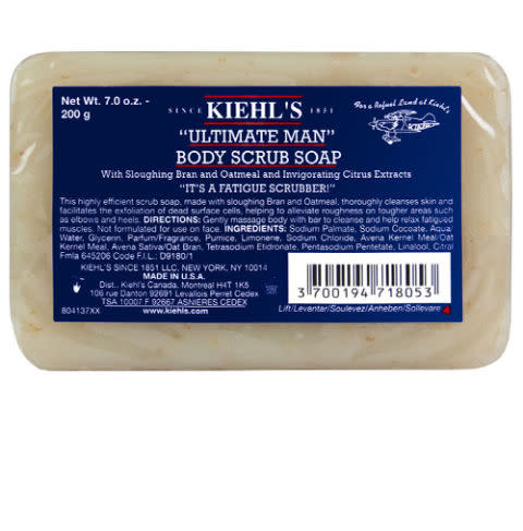 <p><strong>Ultimate Man Body Scrub Soap</strong></p><p><span>Clean and exfoliate simultaneously with this bar soap. It will change you. </span></p><p><strong><em>SHOP: $15, <a rel="nofollow noopener" href="http://www.kiehls.com/ultimate-man-body-scrub-soap/589.html" target="_blank" data-ylk="slk:kiehls.com;elm:context_link;itc:0;sec:content-canvas" class="link ">kiehls.com</a></em></strong></p>