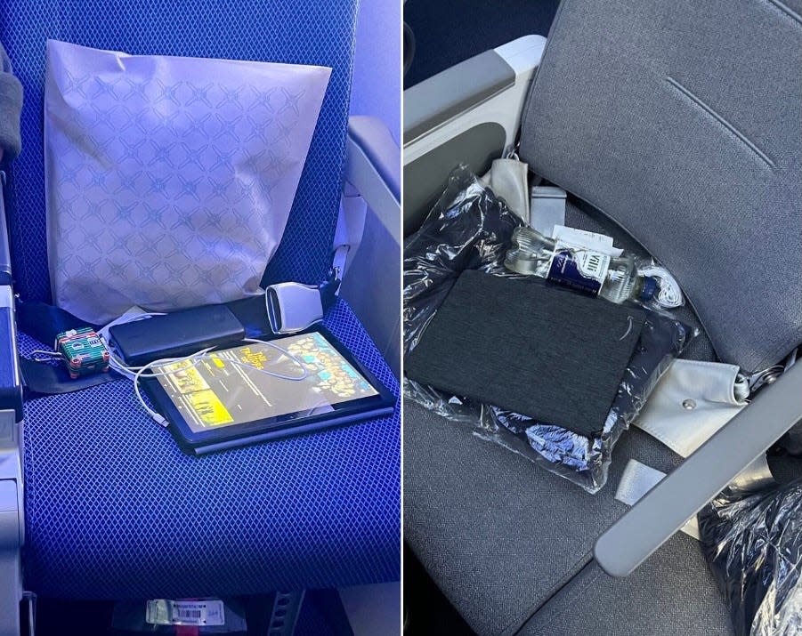 Collage: Blue British Airways seat on left and gray Finnair seat on right. The author's tablet and chargers are on both seats.