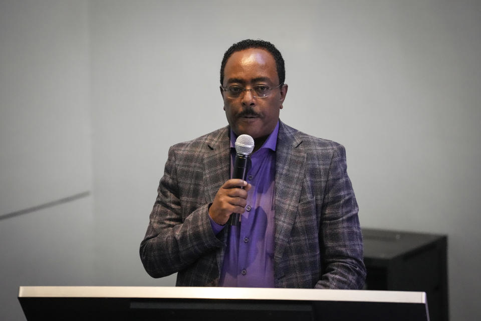 The Ethiopian government's lead negotiator Redwan Hussein speaks during continuing peace talks between Ethiopia's government and Tigray regional representatives, in Nairobi, Kenya Monday, Nov. 7, 2022. A new round of talks began Monday to work out military and other details of last week's signing of a "permanent" cessation of hostilities in a two-year conflict thought to have killed hundreds of thousands of people. (AP Photo/Khalil Senosi)