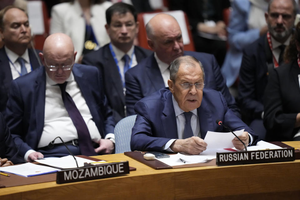 Russia's Foreign Minister Sergey Lavrov speaks during a high level Security Council meeting on the situation in Ukraine, Wednesday, Sept. 20, 2023 at United Nations headquarters. (AP Photo/Mary Altaffer)