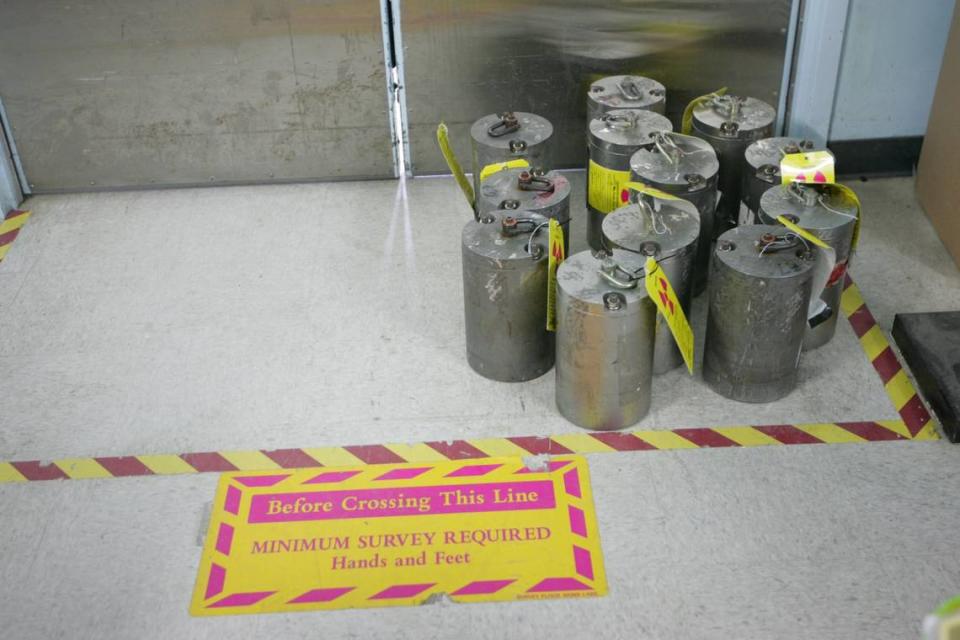 Heavy containers called “pigs” are used to transport high level radioactive waste samples collected in underground tanks to the Hanford 222-S Laboratory. These are empty and waiting to be taken back to the tank farms.