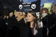 Climate activist Greta Thunberg joined thousands of people who marched through Amsterdam, Netherlands, Sunday, Nov. 12, 2023, to call for more action to tackle climate change. Thunberg was among the speakers at the march that comes 10 days before national elections in the Netherlands. (AP Photo/Peter Dejong)