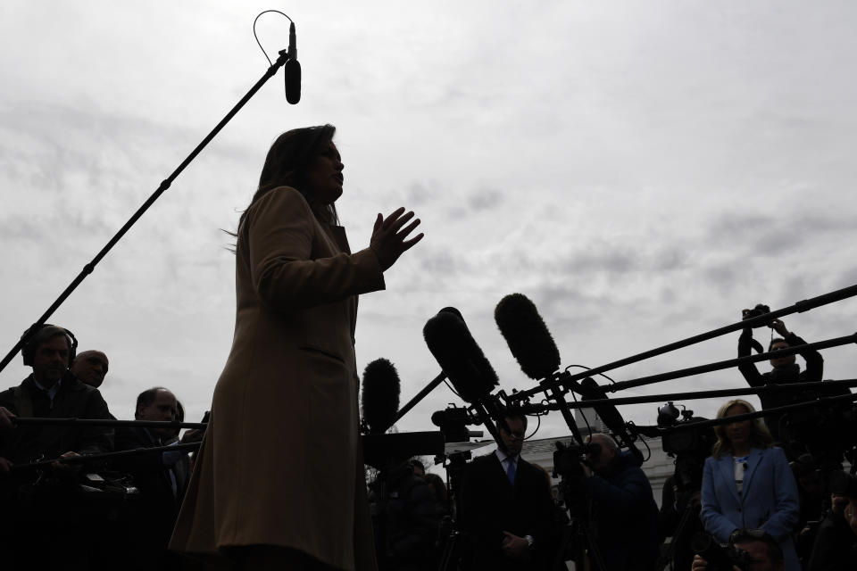 White House press secretary Sarah Sanders speaks to reporters outside the White House in Washington, Tuesday, April 2, 2019. (AP Photo/Susan Walsh)