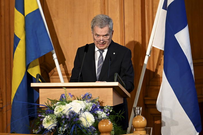 Finland's President Sauli Niinisto delivers a speach at the parliament Riksdagen in Stockholm Tuesday 17 May. Finland's President Sauli Niinistö and his wife Jenni Haukio are paying a two day long State Visit to Sweden at the invitation of His Majesty The King Carl Gustaf. (Anders Wiklund/TT News Agency via AP)