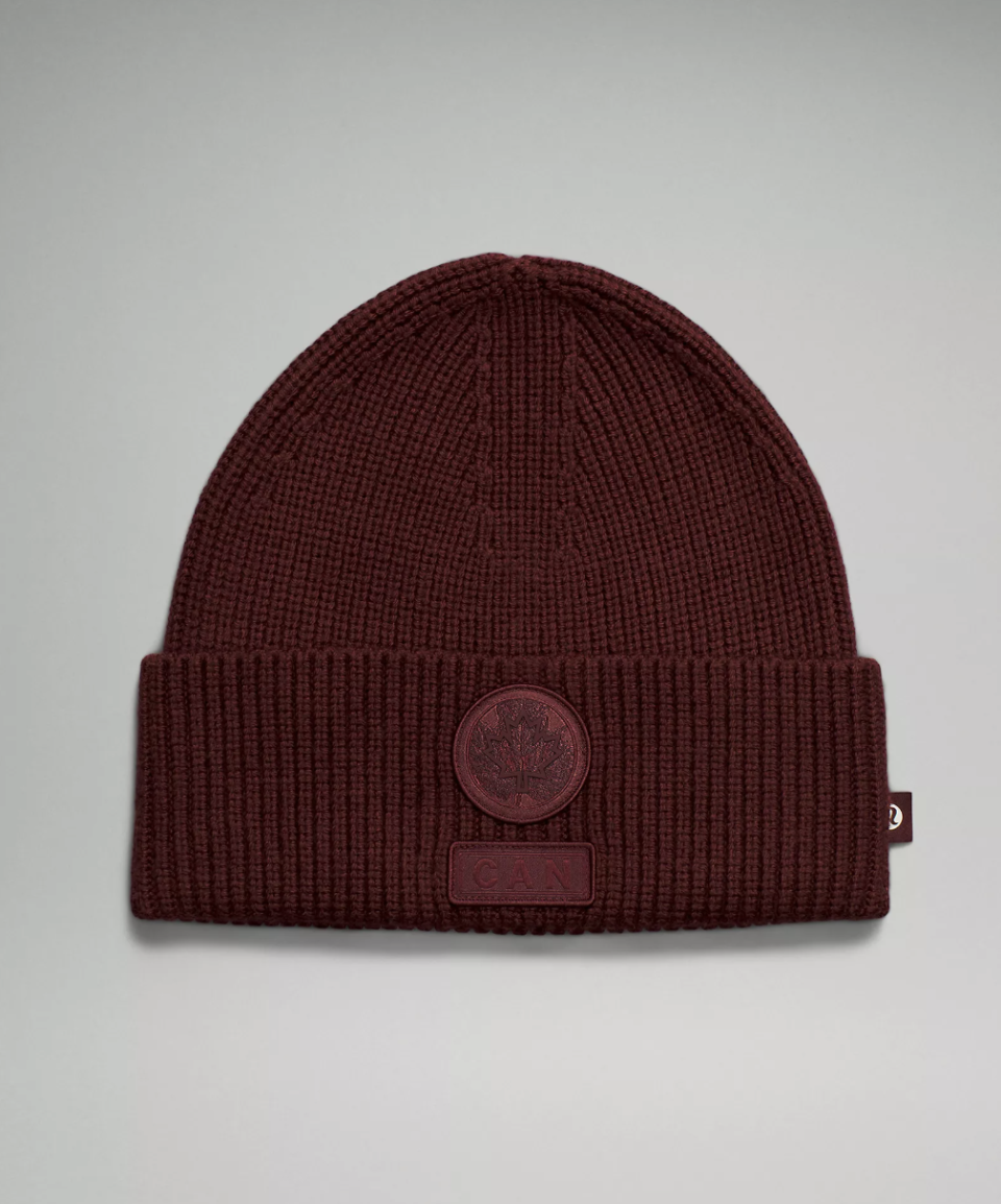 Team Canada Ribbed Merino Wool-Blend Knit Beanie in red merlot (Photo via Lululemon)