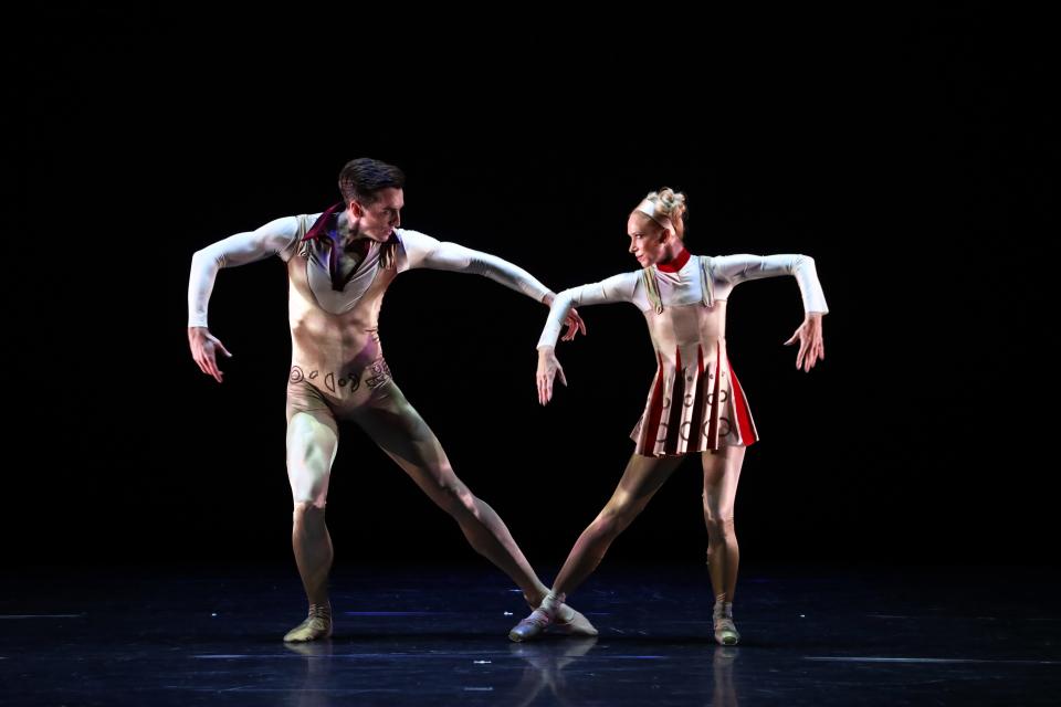 Richard House, left, and Danielle Brown in a scene from Arcadian Broad’s “Frequency Hurtz” at The Sarasota Ballet.