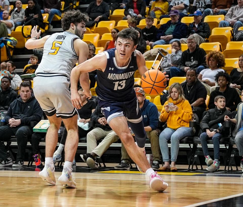 Monmouth's Jack Collins drives against Towson on Feb. 22, 2024 at TU Arena in Towson, Md.