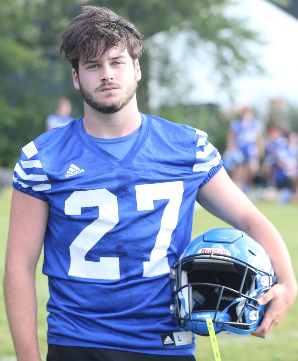 Somersworth High School football player Lukas Kelly, seen on the first day of practice Friday, Aug. 11, 2023, is changing positions to help the team.
