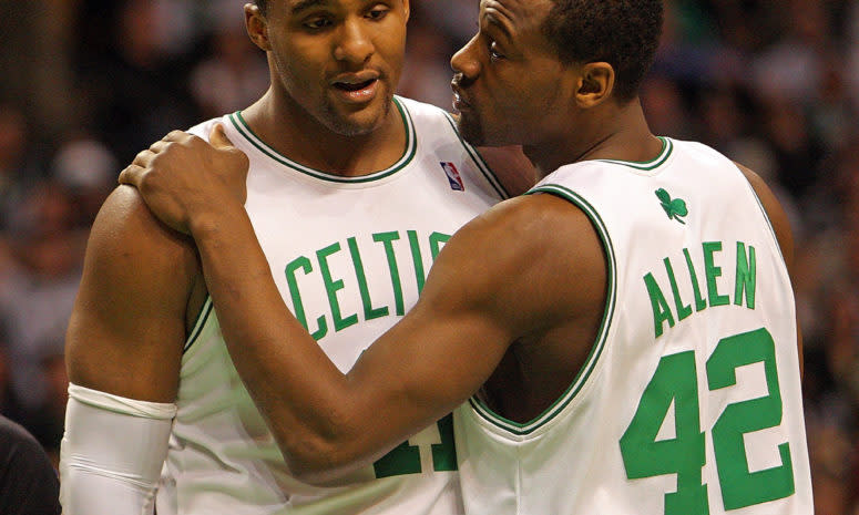 Tony Allen and Glen Davis during a Boston Celtics NBA game.