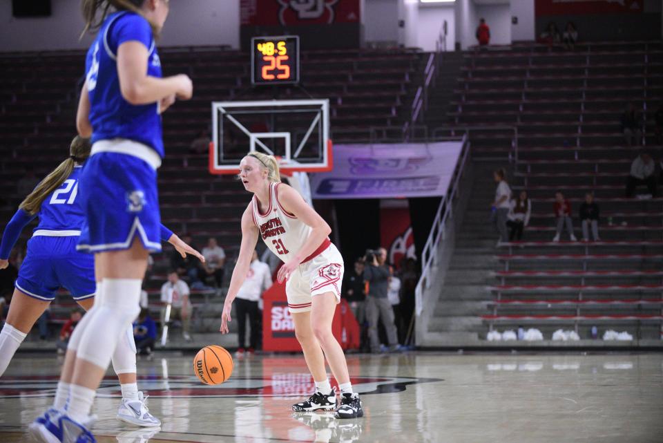 South Dakota women's basketball guard Grace Larkins dribbles the ball out on the perimeter against Creighton on Nov. 10, 2022.