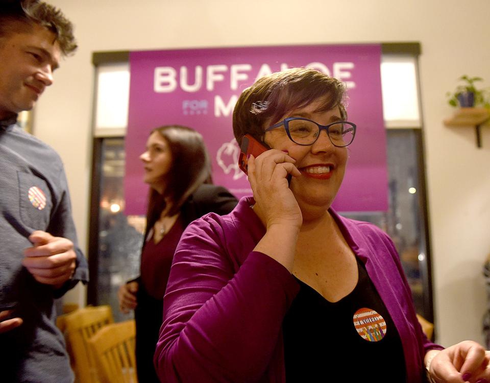 Columbia mayoral candidate Barbara Buffaloe takes a phone call from opponent David Seamon congratulating Buffaloe on winning the election on April 5, 2022, at Buffaloe’s election watch party at Ozark Mountain Biscuit & Bar. Buffaloe won the race with 8,528 votes.