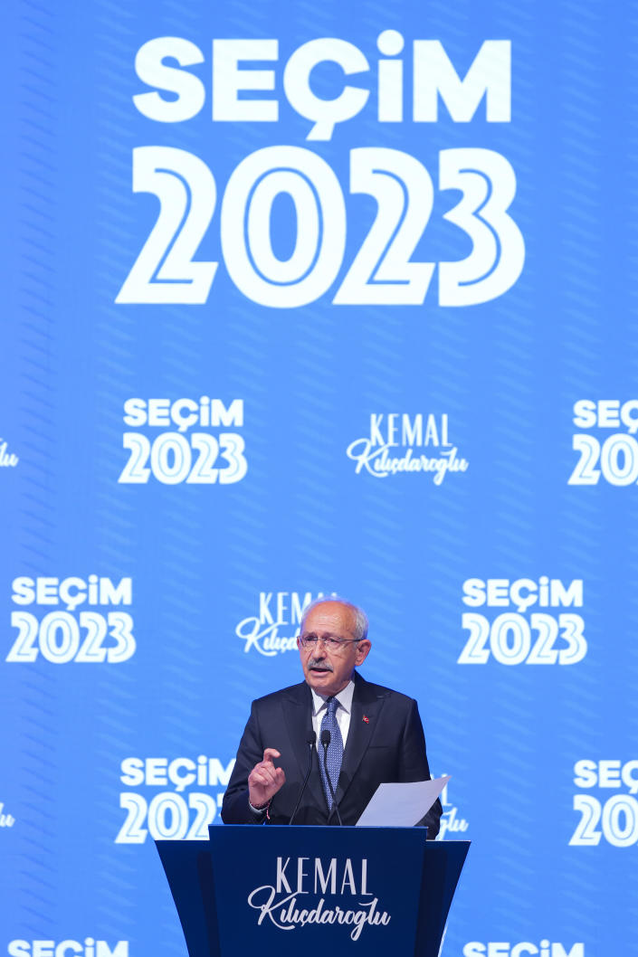Kemal Kilicdaroglu, the 74-year-old leader of the center-left, pro-secular Republican People's Party (CHP), speaks at the party's headquarters in Ankara, Turkey, on Sunday, May 14, 2023. More than 64 million people, including 3.4 million overseas voters, were eligible to vote. (AP Photo)