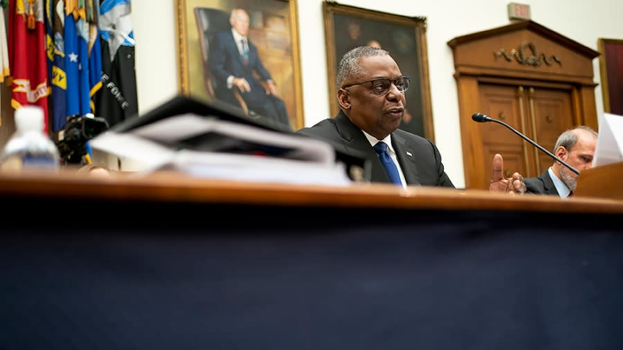 Secretary of Defense Lloyd Austin answers questions during a House Armed Services Committee hearing to discuss the President's FY 2023 budget for the Department of Defense on Tuesday, April 5, 2022.
