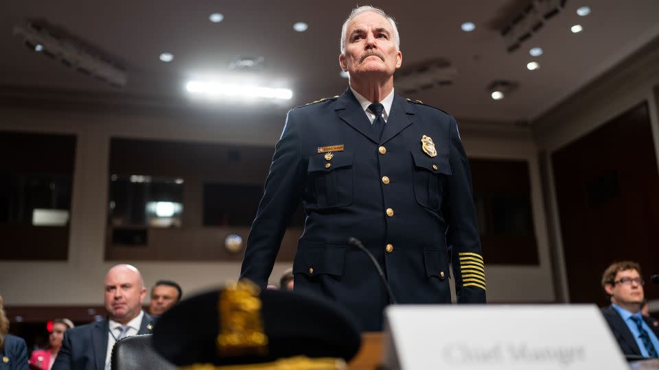 US Capitol Police Chief Thomas Manger prepares to testify during the Senate Rules and Administration Committee and House Administration Committee joint oversight hearing to examine the Capitol Police Board on July 26, 2023. - Bill Clark/CQ-Roll Call, Inc./Getty Images