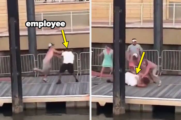 Black employee getting beat up by white family on dock