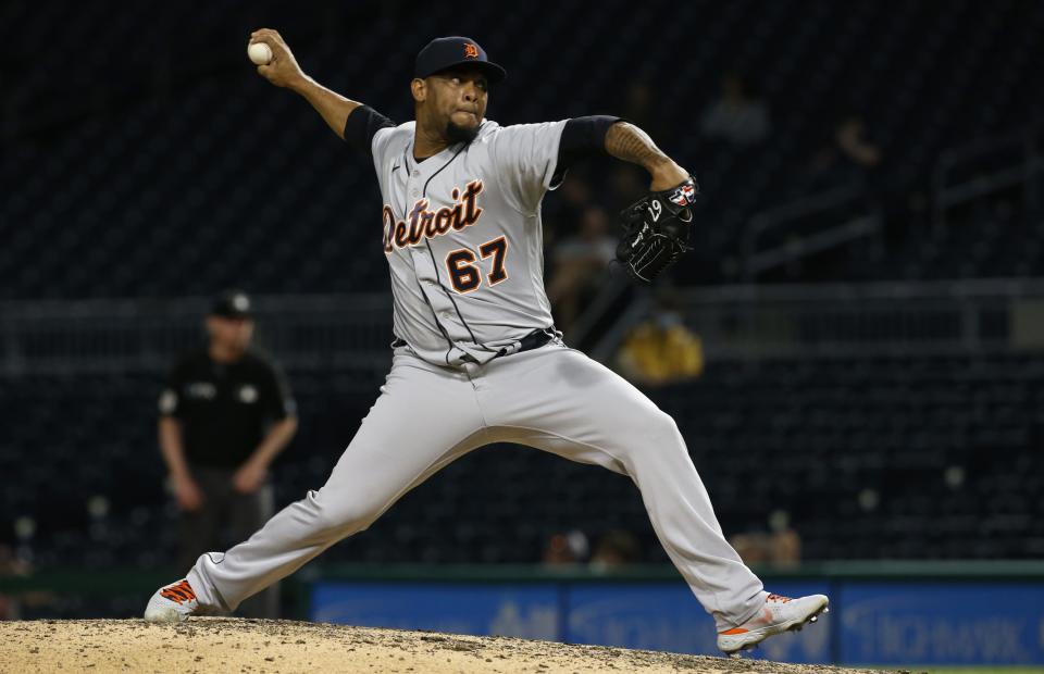 Detroit Tigers relief pitcher Jose Cisnero (67) pitches Sept. 7, 2021 against the Pittsburgh Pirates during the eighth inning at PNC Park. Pittsburgh won, 3-2.