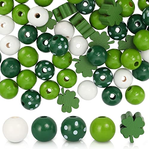 Whaline 160Pcs St. Patrick's Day Wood Beads Craft Wooden Beads White Green Spacer Beads Good Luck Clover Round Spot Round Farmhouse Bead for DIY Craft Handmade Home Decoration, 5 Designs